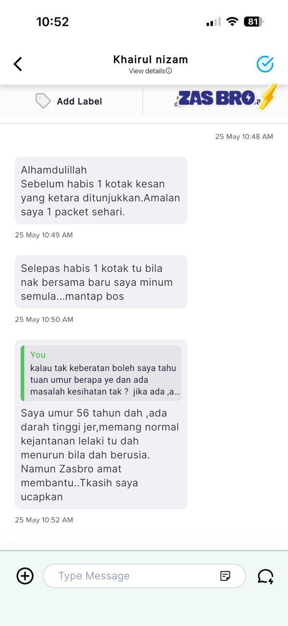 Testimoni WhatsApp ZasBro - Khairul