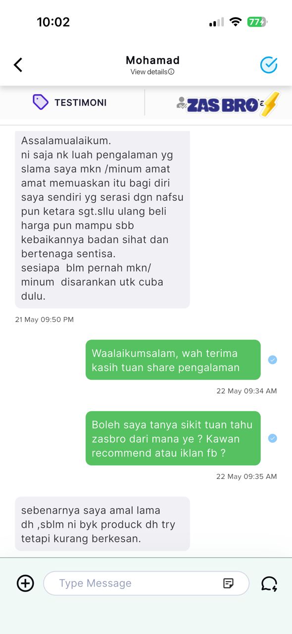 Testimoni WhatsApp ZasBro - Mohamad